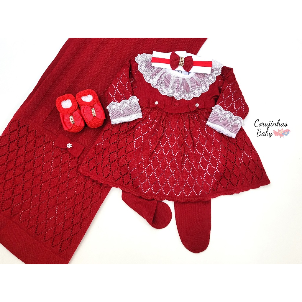 Saída de maternidade menina em tricô /tricot vermelha Michele com vestido luxo feminina