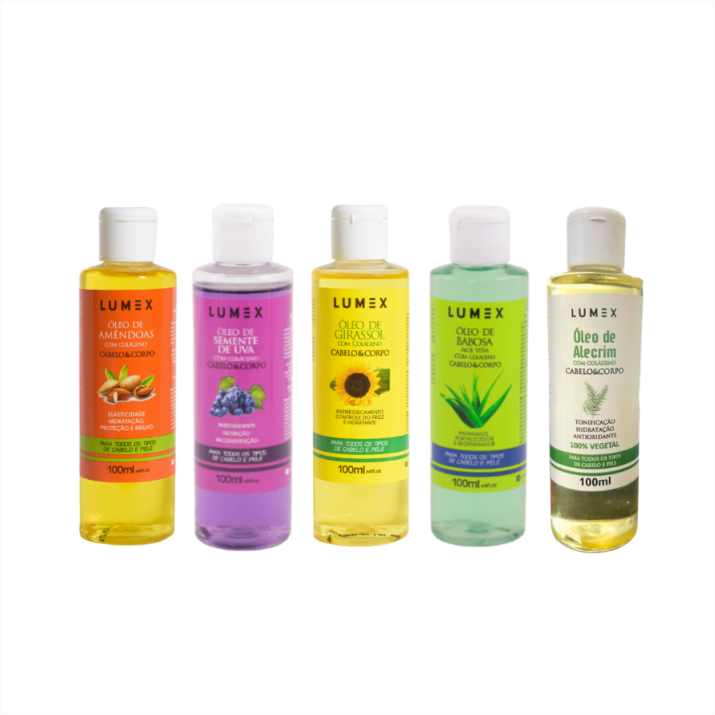 Kit 5 Óleos Capilares e Corporais Lumex 100ml com Colágeno - Alecrim, Uva, Babosa, Amêndoas