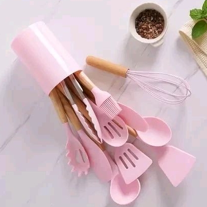 Jogo de Cozinha Kit C/12 Peças de Silicone Utensílios e Copo Suporte para Cozinha Cabo de Madeira