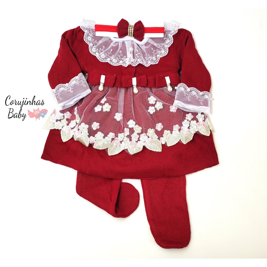 Vestido saída de maternidade feminina em tricô vermelho 3 peças para recém nascido menina