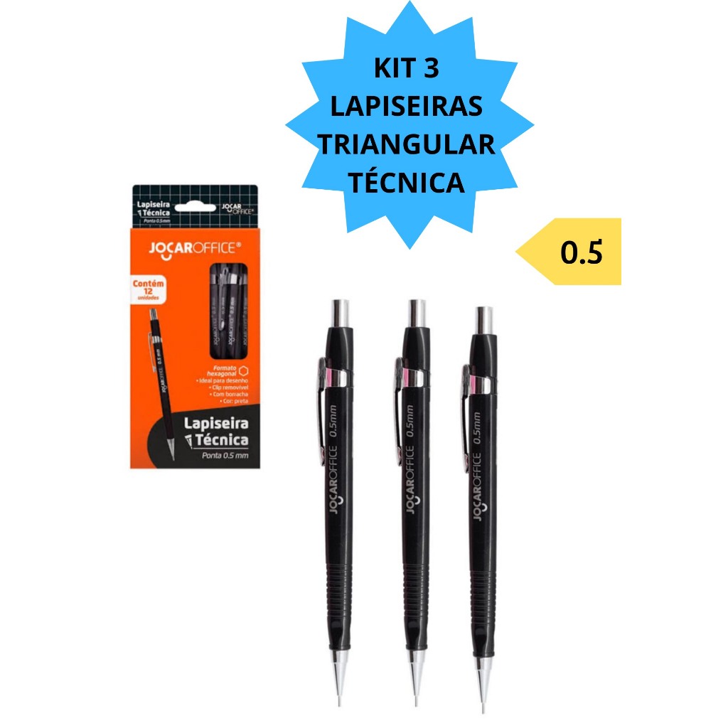 Kit 3 Lapiseiras Triangular Ponta 0.5mm Técnica Com Borracha Leo&Leo