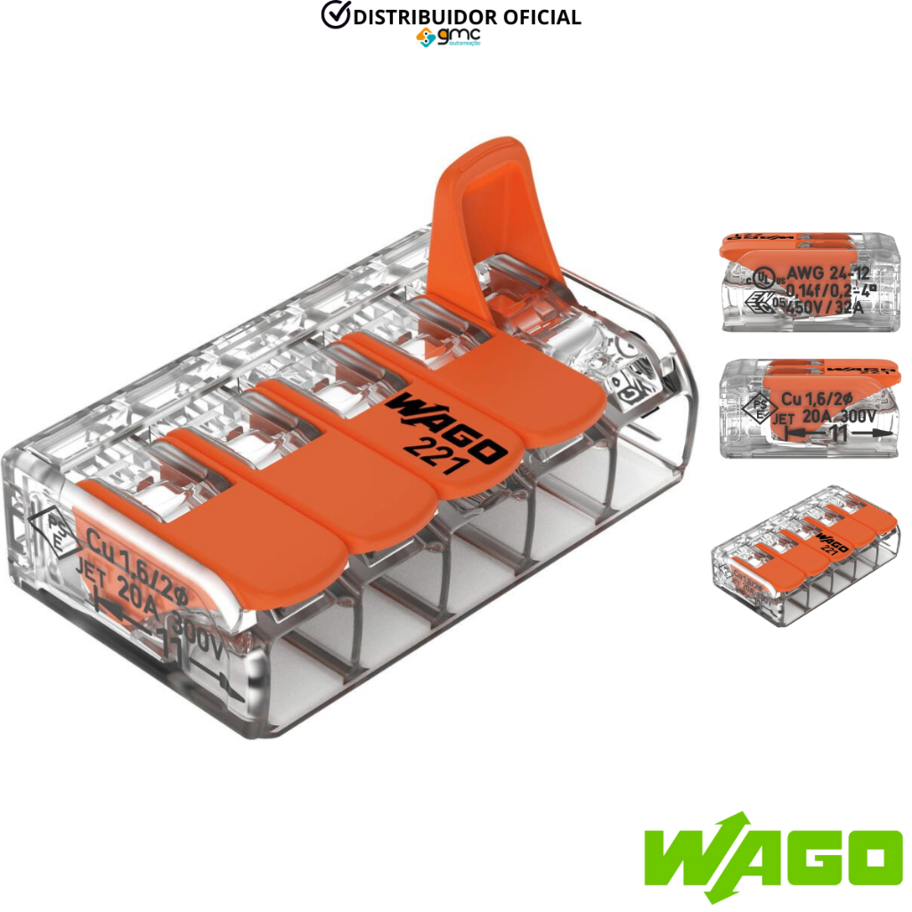 Conector Emenda Para fios 0,14mm-4mm 5 Polos Wago 221-415