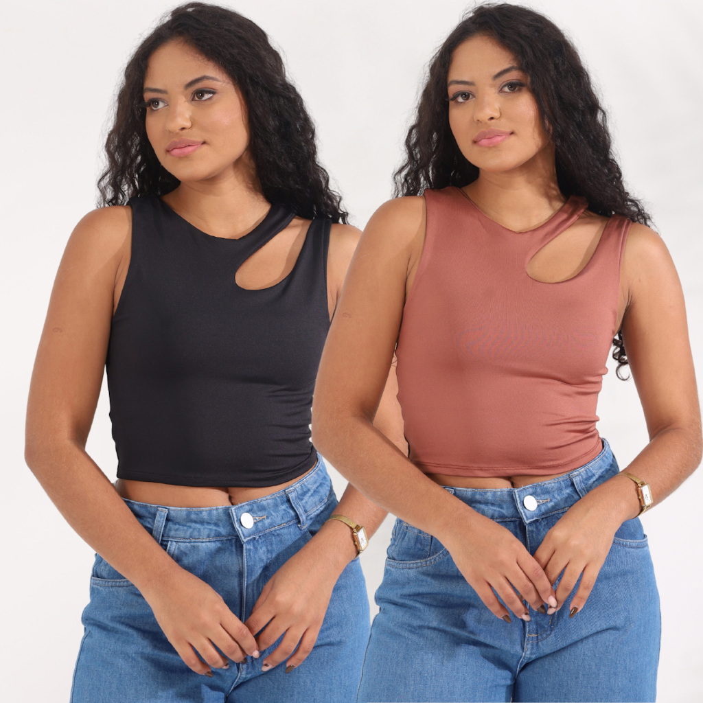 Kit 2 Cropped Feminino Duas Alças Suplex Forro Duplo Moda Gringa Cores Verão