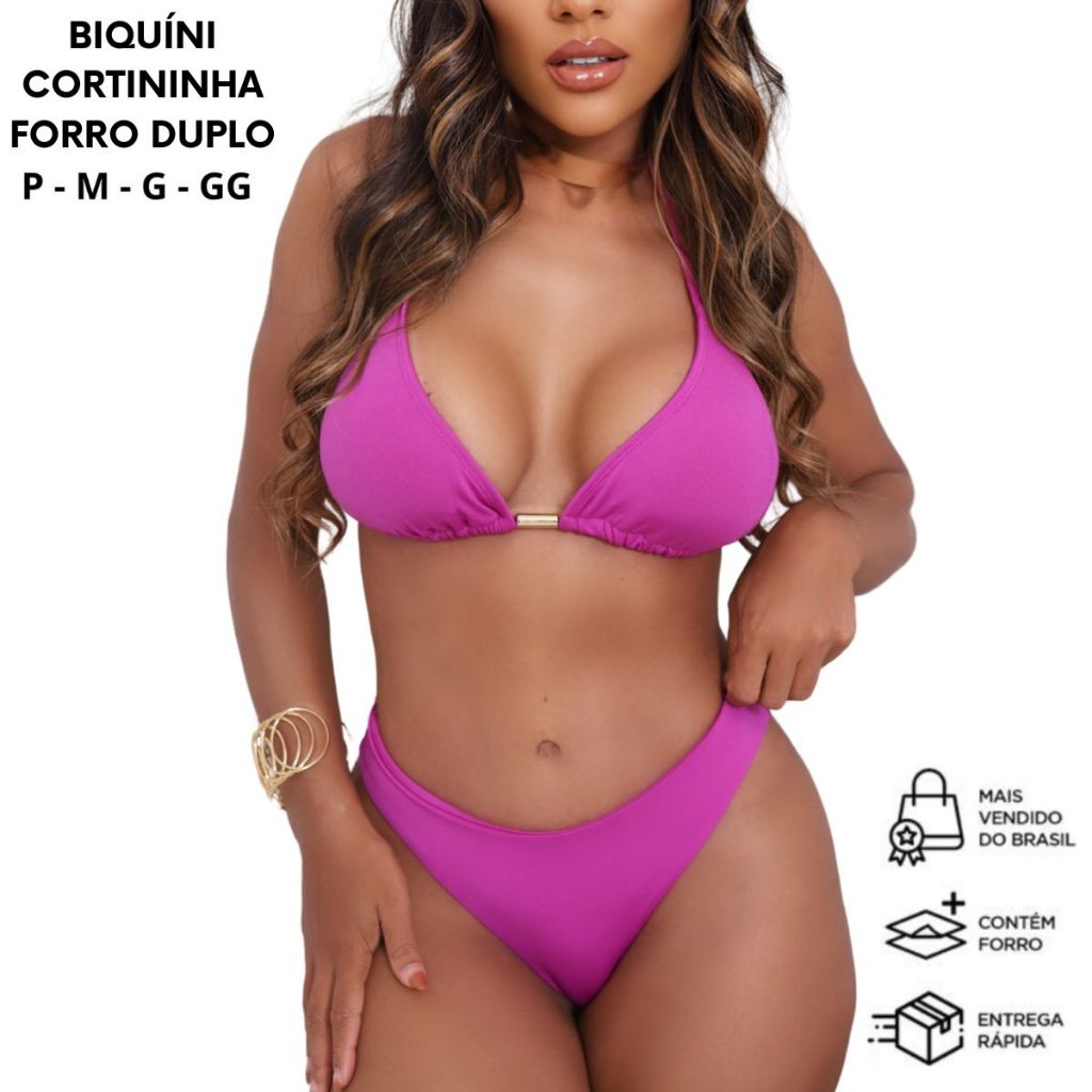 Conjunto Biquíni Feminino Fio Duplo Top Cortininha Com Forro Duplo em Oferta na Shopee