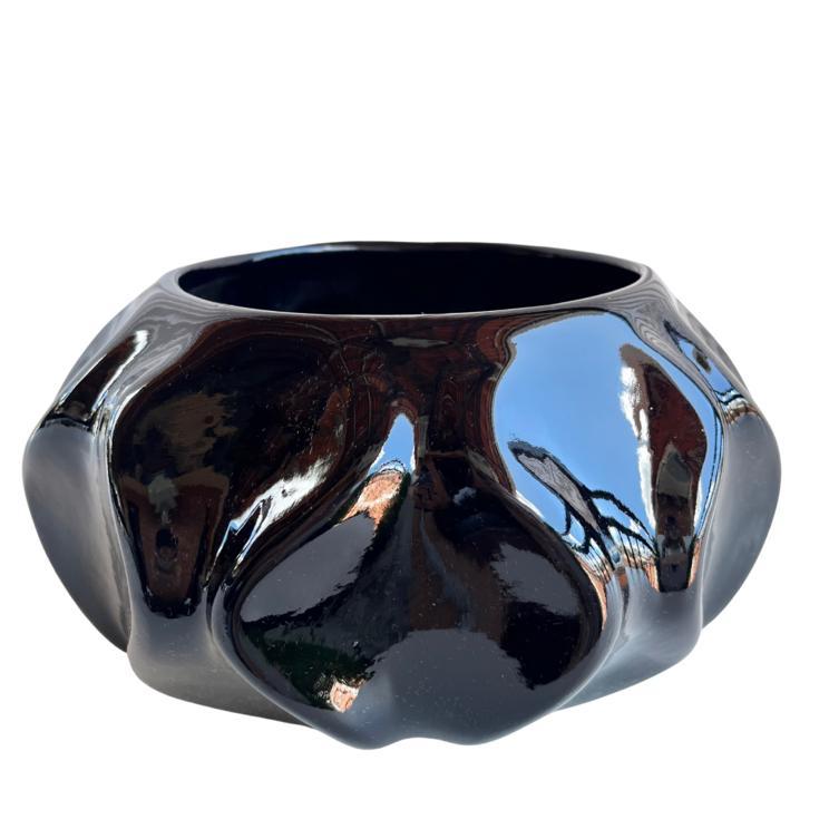 Vaso cachepot preto brilho onda ondulação 3D enfeite de mesa moderno