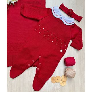 Saída de maternidade Esther macacão vermelho em tricot + body com gola bordada + faixa de ...