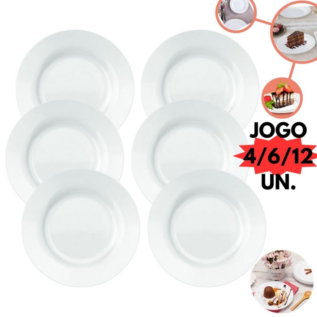Kit Jogo 4 / 6 / 12 Prato Sobremesa Vidro Menu Branco Redondo Buffet Restaurante Branco Porcelana