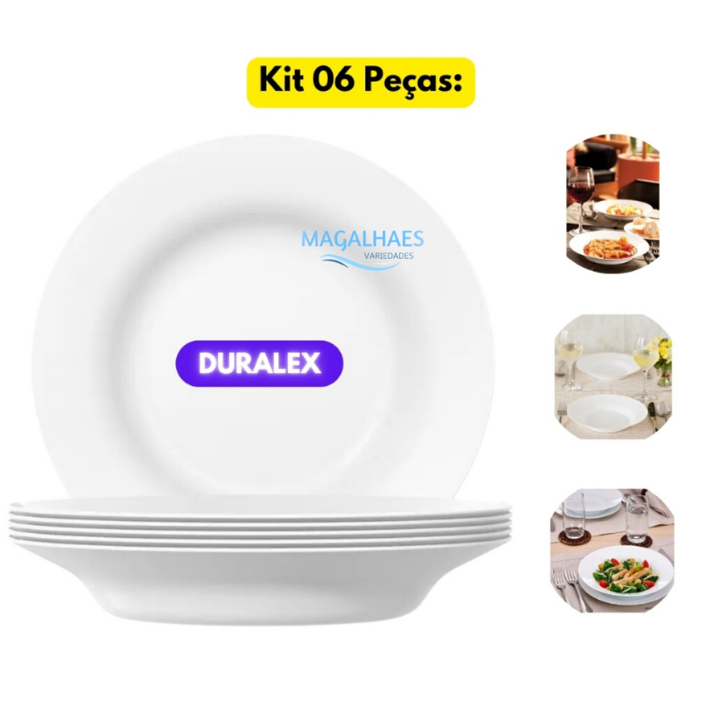 Jogo Kit 06 Pratos Fundo Branco Vidro Temperado Duralex Menu Redondo Almoço Jantar Refeitório Refeição Hotel Restaurante