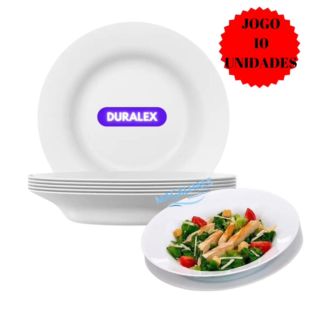 Jogo Kit 10 Pratos Fundo Branco Vidro Duralex Temperado Menu Almoço Jantar Hotel Refeitório