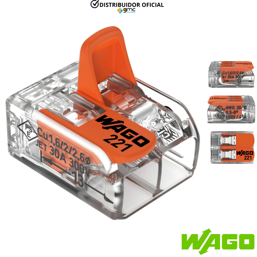 Kit Conector Emenda Para fios 0,5mm-6mm 2 Polos 41A Wago 221-612 3 peças