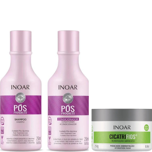 KIT INOAR PÓS PROGRESSIVA SHMAPOO 250ML+CONDICIONADOR 250ML +MÁSCARA CICATRIFIOS 250G