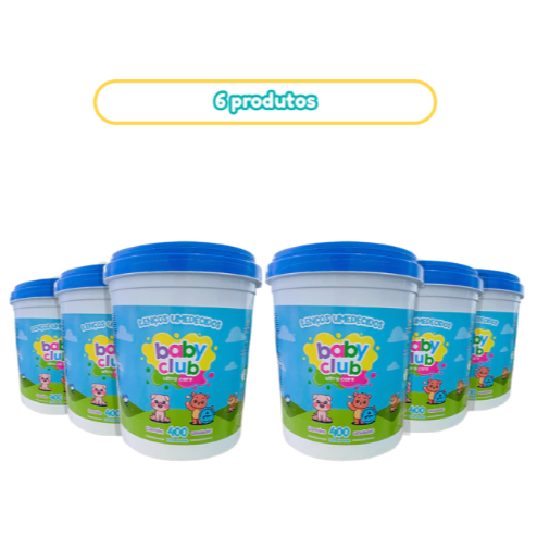 Kit 6 Baldes Lenço Umedecido Baby Club 400 Folhas Higiene Bebê Toalha Umedecida