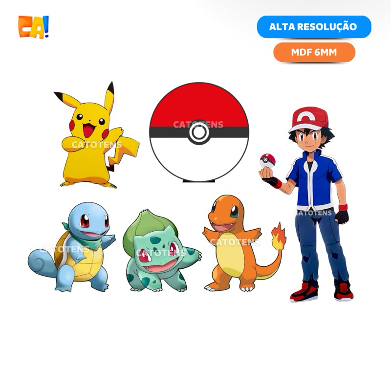 Kit 6 Displays de chão MDF 6mm Pokémon (Pikachu, Charmander, Squirtle, Bulbasaur, Bola 80cm e Ash 1,5m dobrável)