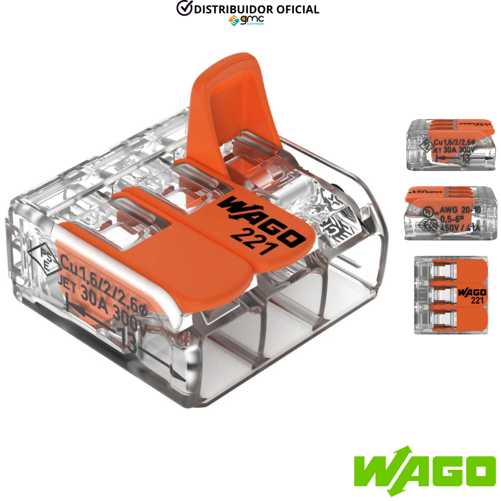 Conector Emenda Compacto Para fios 0,5mm-6mm 3 Polos 41A Wago 221-613 em Oferta na Shopee