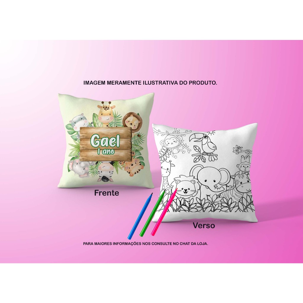 Almofadinha Safari c Verso para Colorir + Canetinha  Festa Aniversário Lembrancinha Infantil
