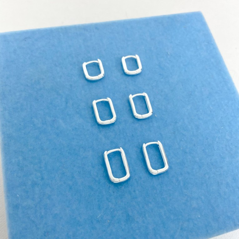 Trio de Argolas Retangulares - Kit de Brincos Banhado a Prata
