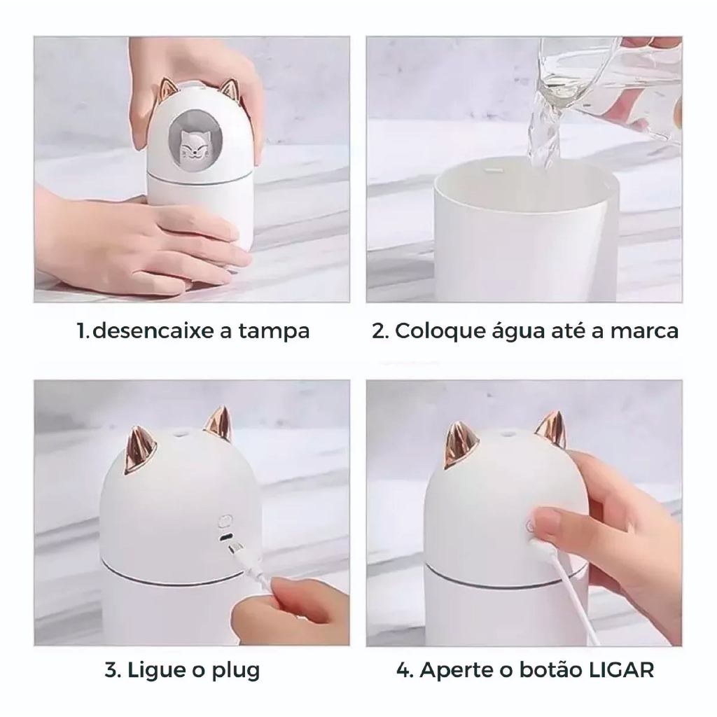 Umidificador Gatinho LED +1 ou 2 Essências Aroma Difusor Purificador Ar Ambientes — imagem 2 de 2