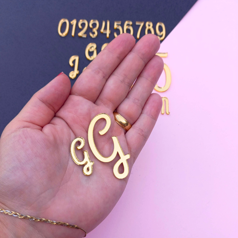 Kit Aplique Inicial Letras Números Acrílico Espelhado Dourado Nome Personalizado Luxo Festa Crochê