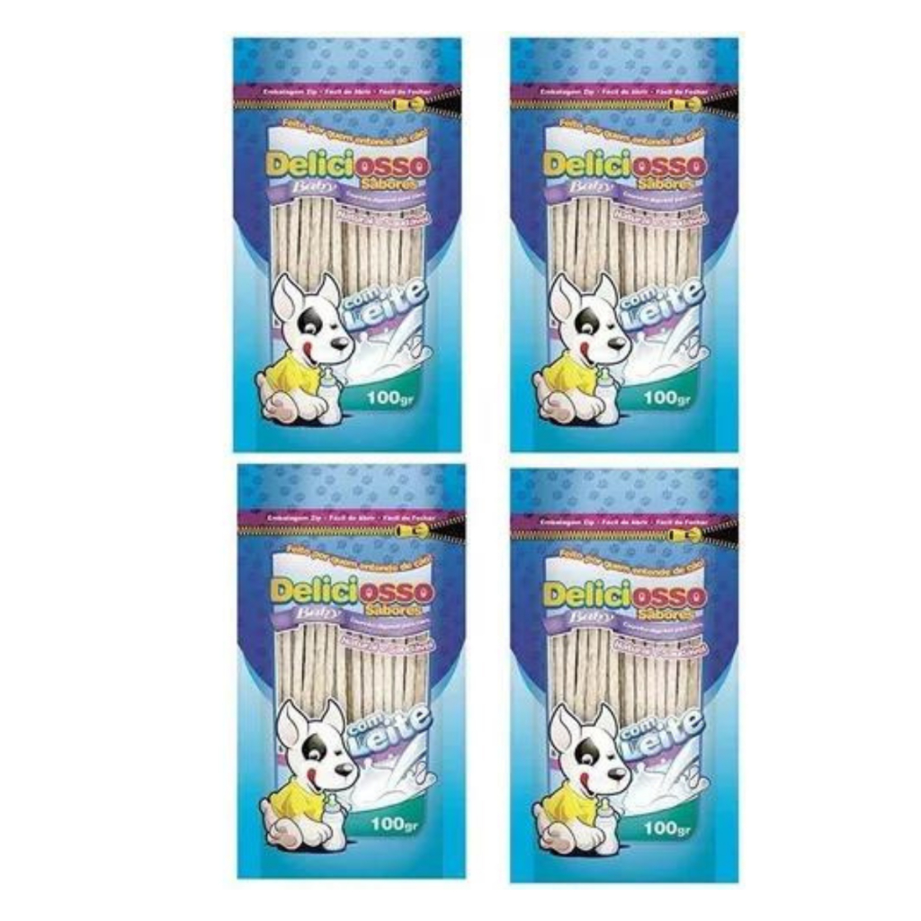 Kit Petisco para Caes Osso Palito Deliciosso com leite 100g - 4 pacotes