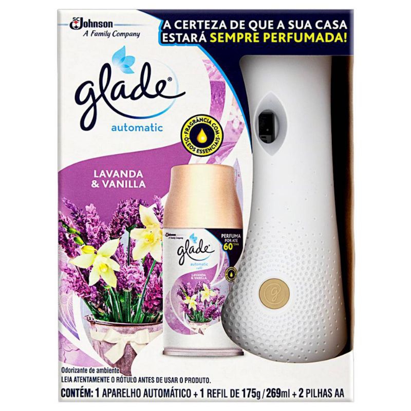 odorizador automático Glade spray aparelho+ refil+ 2 pilhas LAVANDA E VANILLA em Oferta na Shopee