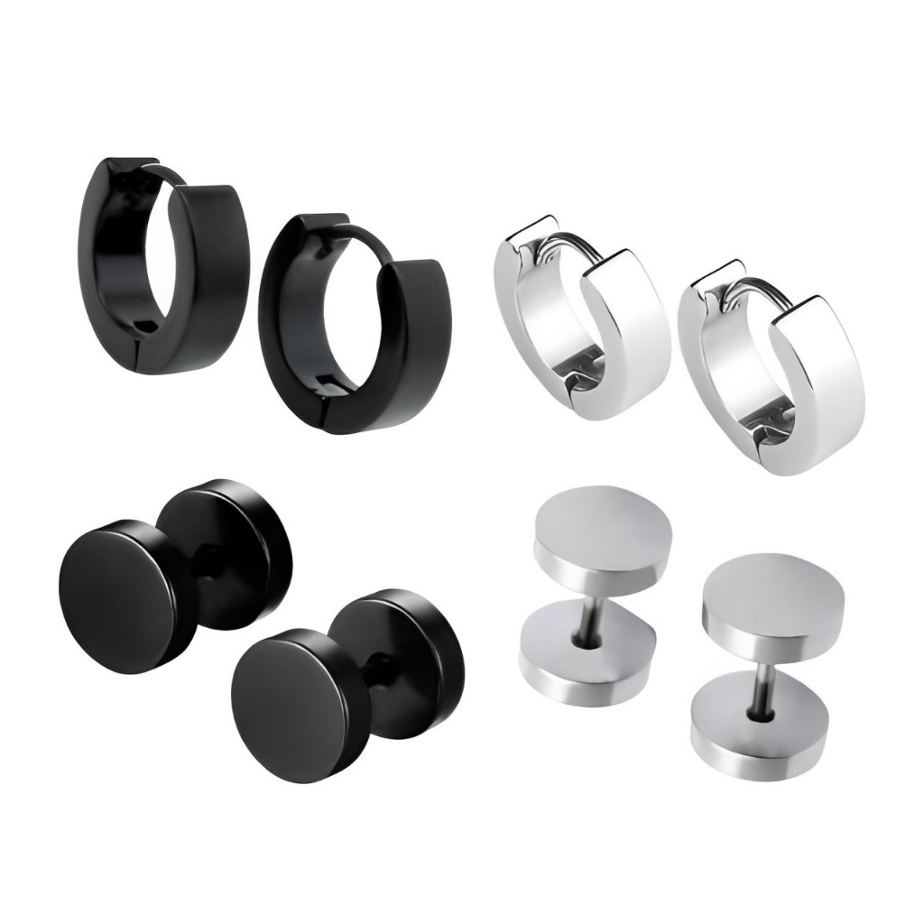 Kit 4 pares de Brinco Falso Alargador Preto Prata e Argola Masculino Unissex