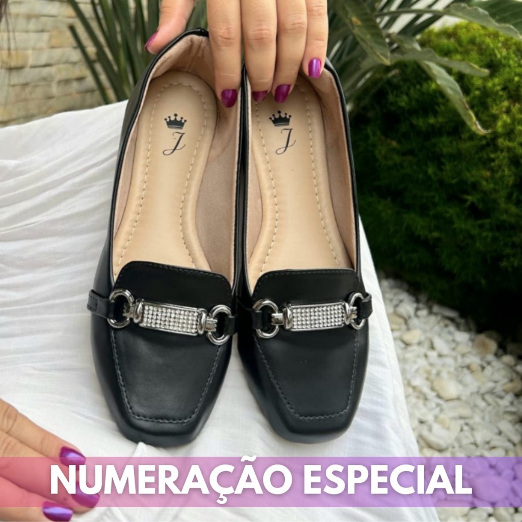Mocassim Feminina 41 ao 43 Numeração Especial Sapatilha Bico Quadrado Preto Sapato Confortavel