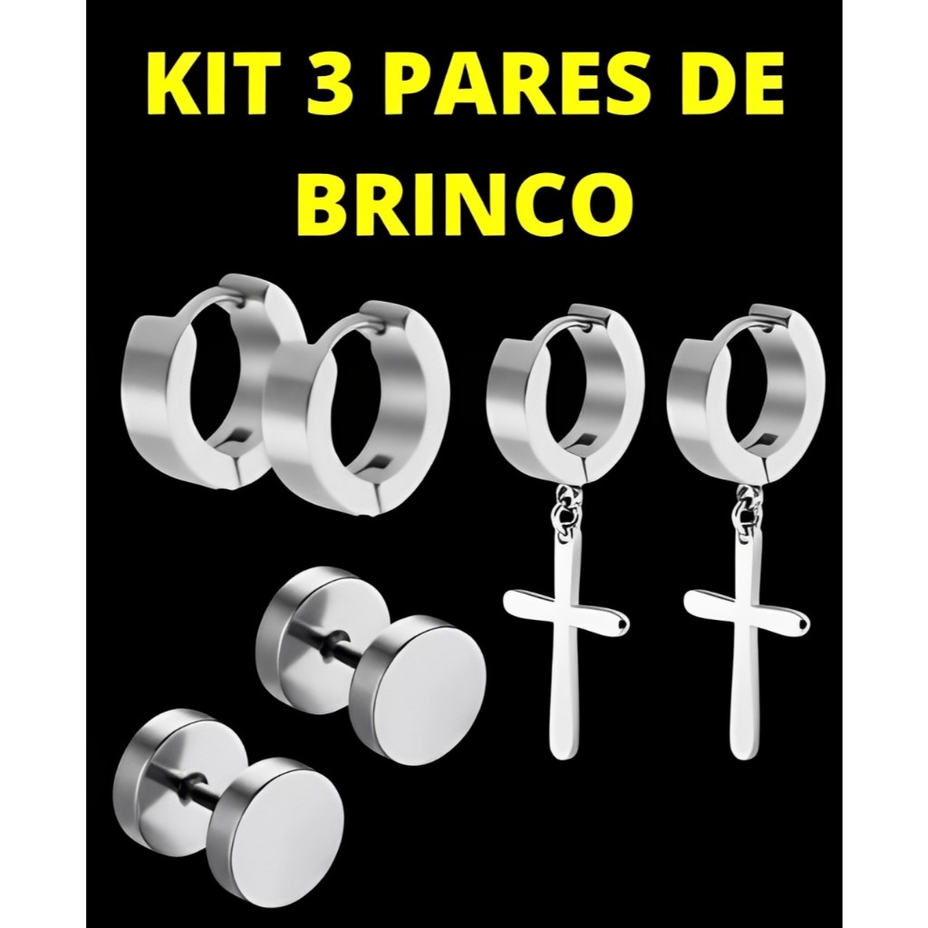 kit 3 pares brincos de aço inox Unissex pingente cruz brincos argola prata Masculino Feminino