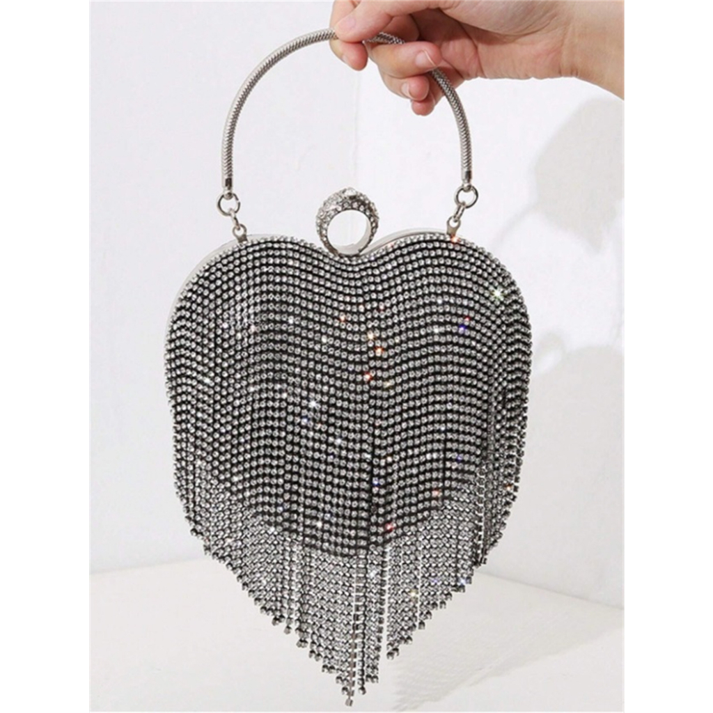 Juzia Bolsas Bolsa Clutch de festa coração anel casamento de mão franja de strass cintilante carteira fecho com trava bloqueio de beijo feminina alça de corrente cadeia retirável alça de mão diamante cravejado pedrinha com brilho