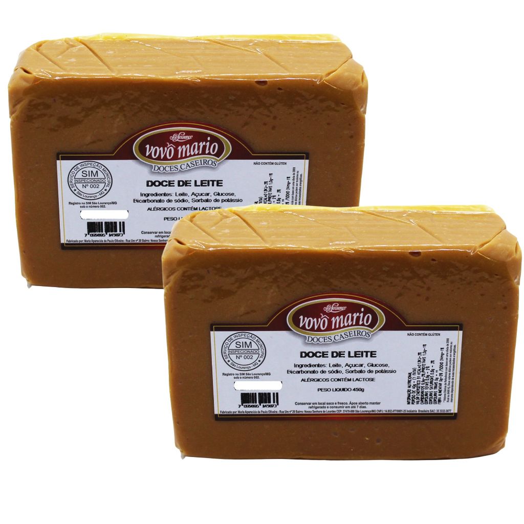 Doce de Leite Puro em Tablete com Açúcar (Tradicional) sem Glúten 450g Doce Vovô Mário Kit 2 UND