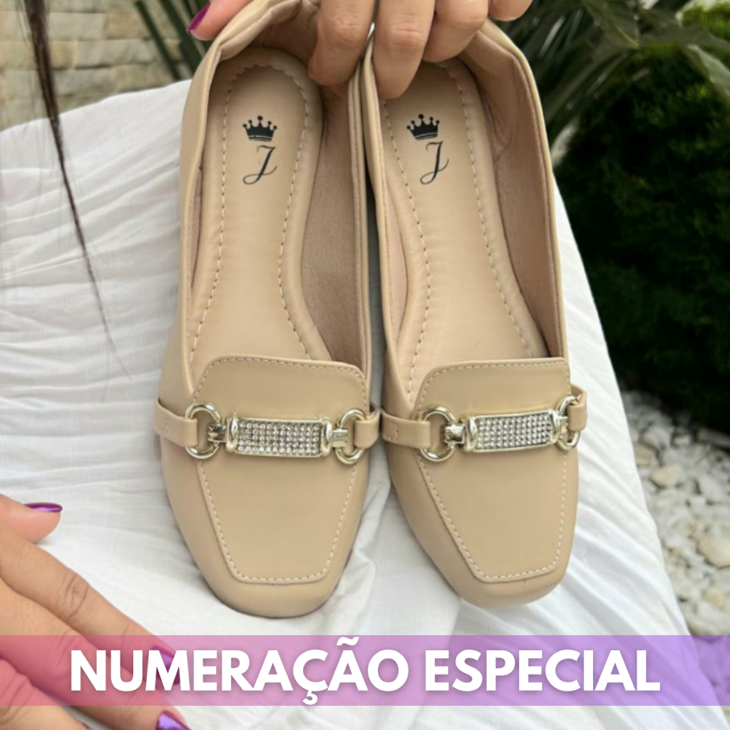 Mocassim Feminino 41 42 43 Numeracao Especial Sapatilha Bico Quadrado Calcado Enfeite Strass Confortavel Sapato