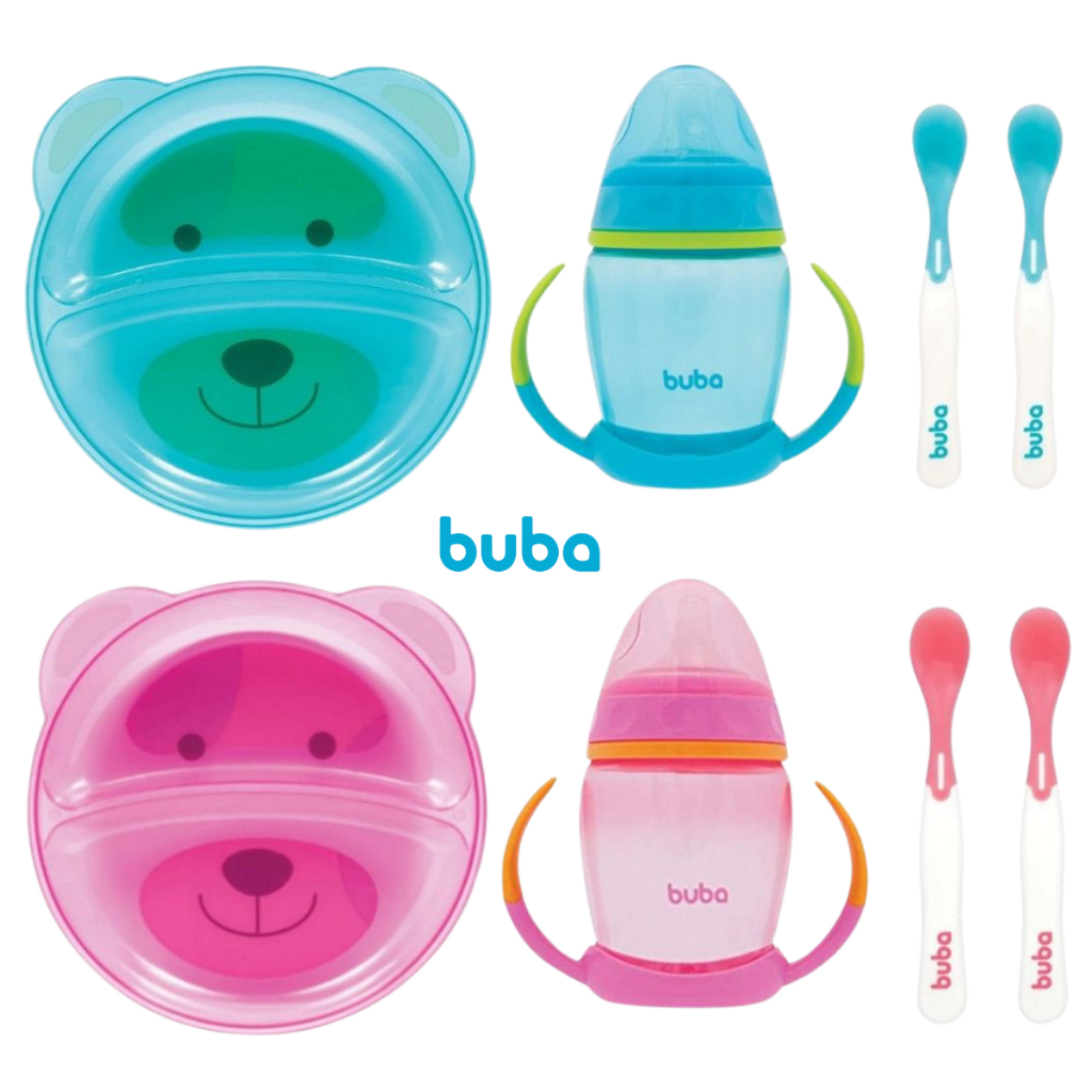 Kit Alimentação Buba comPrato de Urso Infantil com Divisórias Copo de treinamento Bico de Silicone Colher Termossensivel
