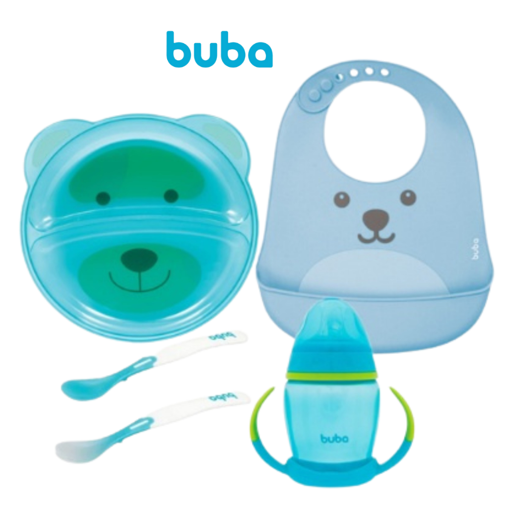 Kit Introdução Alimentar bebê Buba / Kit Refeição Infantil (prato divisória, babador pega migalhas gumy, 2 colheres termossensíveis, copo com alça removível azul em Oferta na Shopee