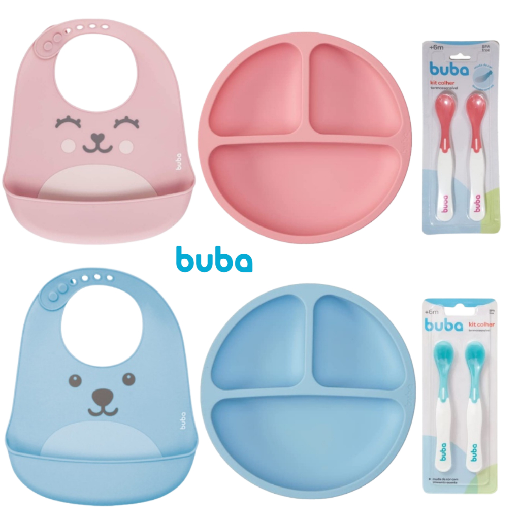 Kit Introdução Alimentar Silicone Buba com Prato de Silicone com Ventosas e Divisória, Babador de Silicone, Colher Buba em Oferta na Shopee