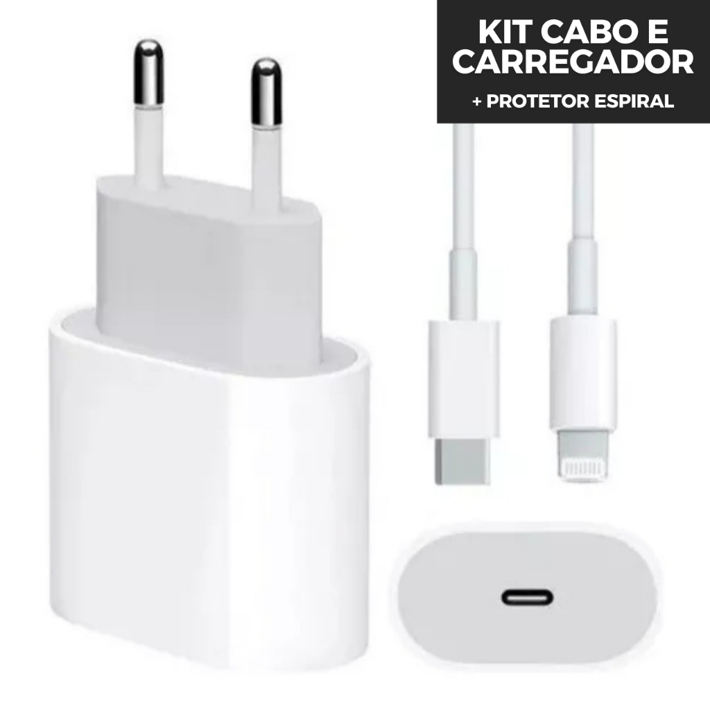 Kit Carregador de Iphone Turbo Cabo e Fonte 20w Carga Rápida + Protetor Espiral – Envio Ga...