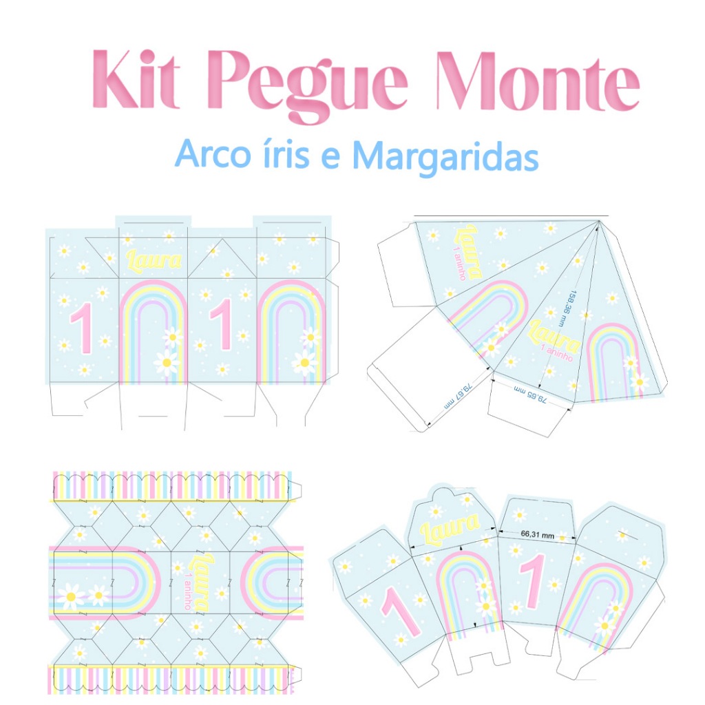 Kit Pegue Monte Personalizados Margaridas Arco íris de 20 a 60 Caixinhas Lembrancinhas Aniversário