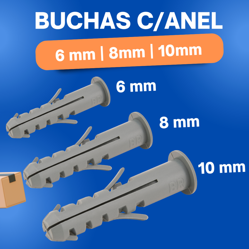 200 Unidades Bucha de Fixação Com Anel Aba - 6mm - 8mm - 10mm