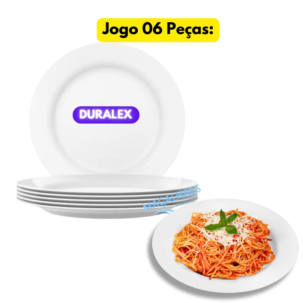 Jogo Kit 06 Pratos Raso Branco Vidro Temperado Duralex Menu Redondo Liso Opaline Almoço Jantar