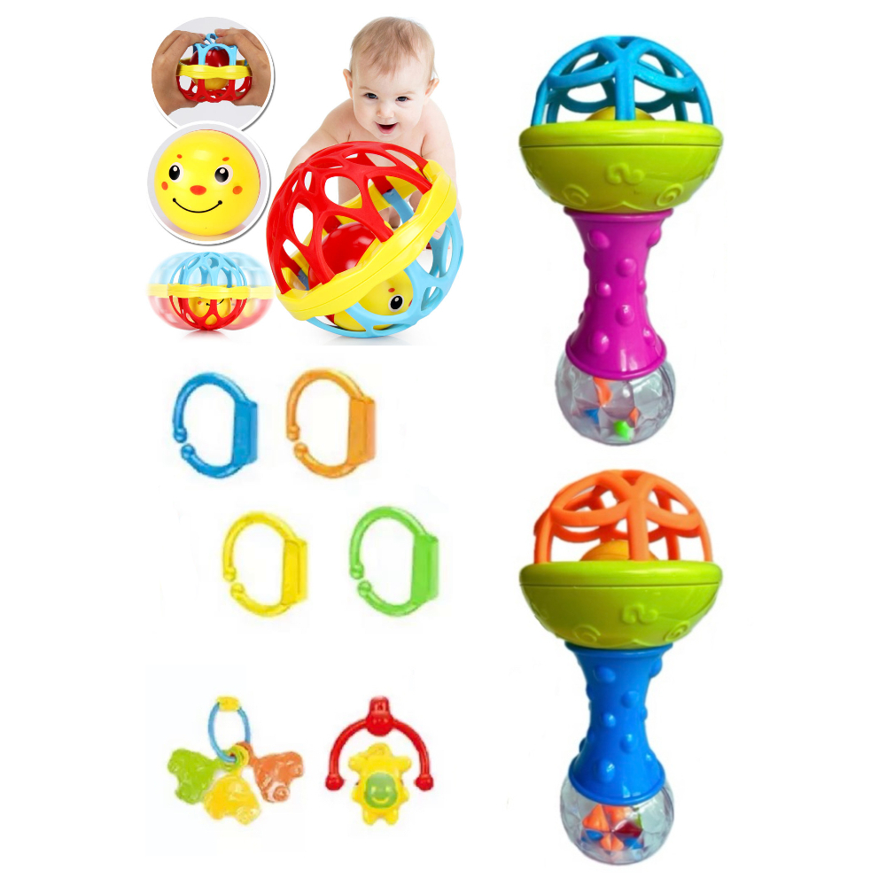 Kit Brinquedos Para Bebê Chocalhos Mordedor Sensorial 5 Peças Brinquedo Infantil Musical Coisas de Bebê Neném Criança
