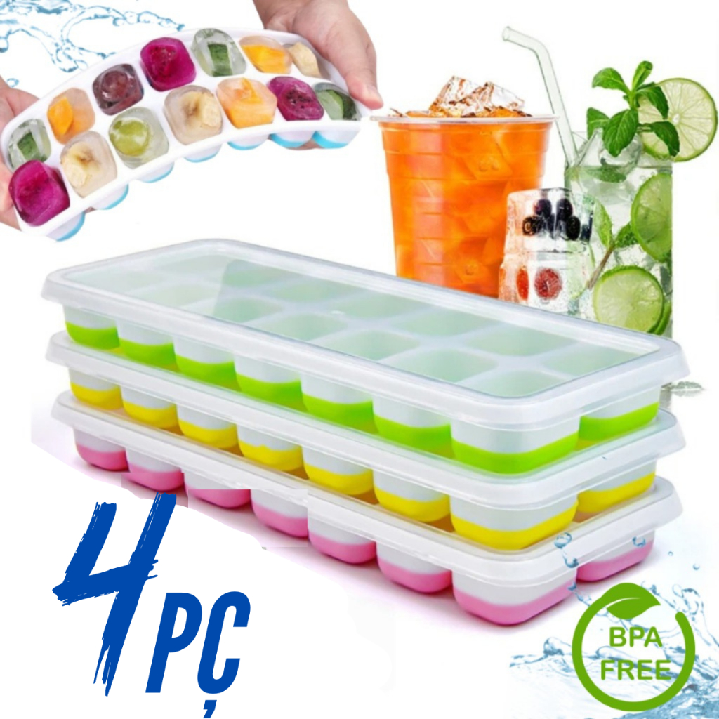 Kit 4 Formas de Gelo Silicone com Tampa Rígida Flexível Fundo 14 Cubos Retangular Multiuso Lavável