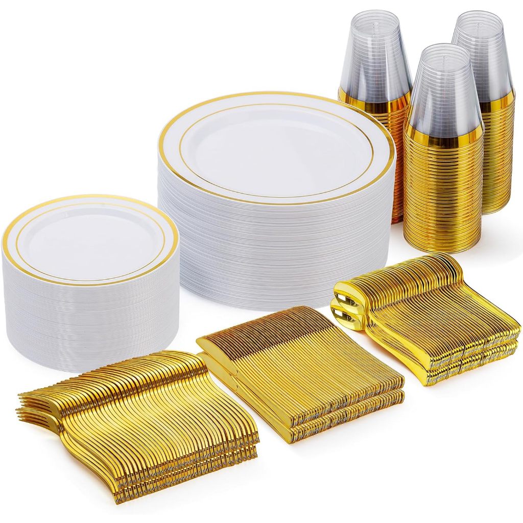 Kit 300,  Prato Talheres Descartável De Luxo De Ouro Para 50Pessoas,Placas descartáveis para serviço pesado em Oferta na Shopee
