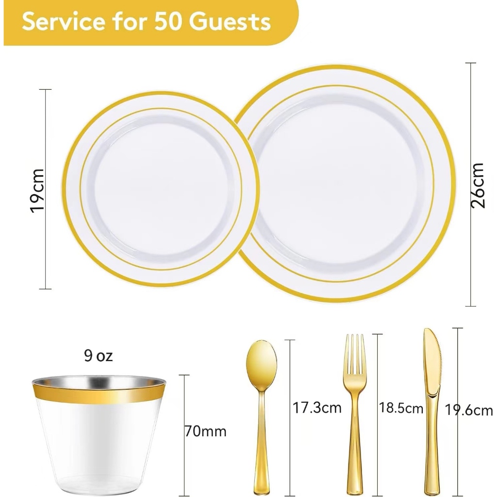Kit 300,  Prato Talheres Descartável De Luxo De Ouro Para 50Pessoas,Placas descartáveis para serviço pesado