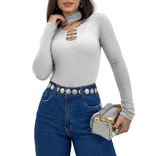 Body Blusa Manga Longa Gola Choker Golinha