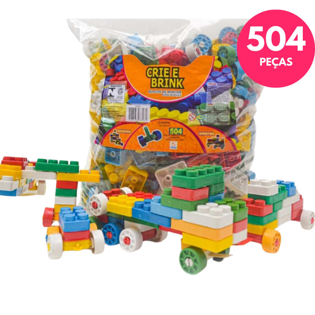 Blocos de Montar Brinquedos Infantil Educativo Didático Construção 504 peças - Crie e Brink