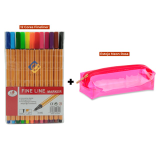 Kit Canetas Fineliner 12 Cores + Estojo Baú Neon PVC Transparente em Oferta na Shopee