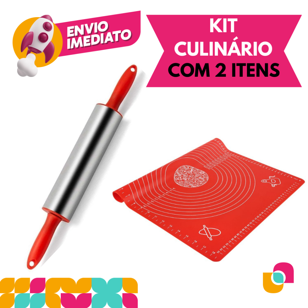 Kit 02 Pç Tapete Culinário Silicone Medidas  E Rolo Abrir Massa Inox Confeitaria Pão Pastel