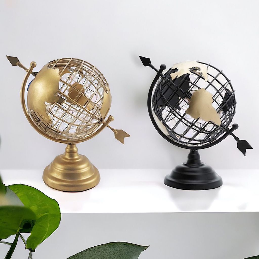 Globo Terrestre Decorativo Preto Dourado Enfeite De Metal Luxo 30cm Educativo