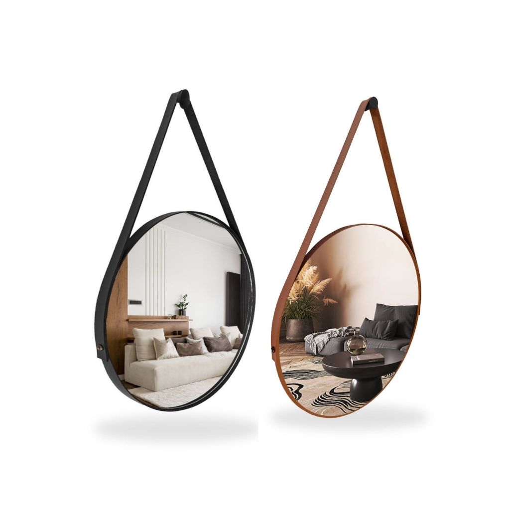2 Espelho Adnet 40cm Sala Quarto Banheiro Alça Couro / Preto e Caramelo em Oferta na Shopee