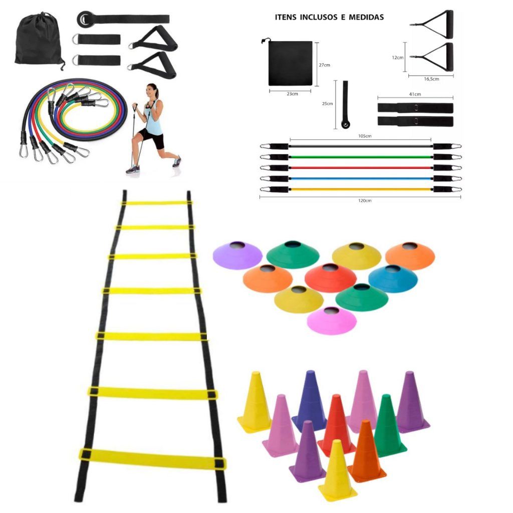 Kit Agilidade Treinamento Completo 1 Escada 7 Degraus 10 Chapéus 10 Cones + kit 11 Peças Elasticos