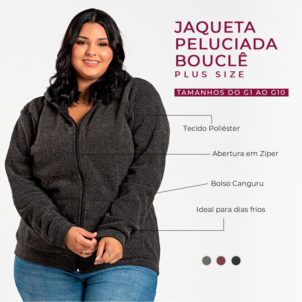 Jaqueta Feminina Peluciada Bouclê Plus Size G1 a G10 Tecido Poliéster Zíper Frontal e Bolso Canguru em Oferta na Shopee