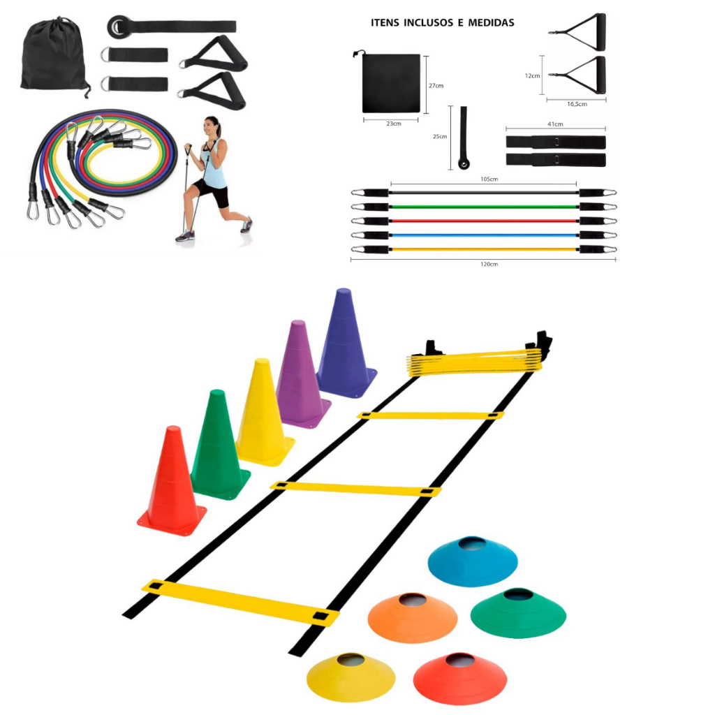 Kit Agilidade Treinamento Completo 1 Escada 7 Degraus 5 Chapéus 5 Cones + kit 11 Peças Elasticos
